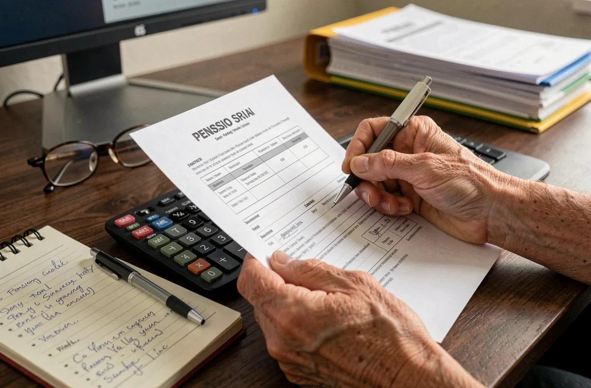 Gros plan sur des mains de retraité corrigeant des erreurs sur un relevé de pension Agirc-Arrco avec une calculatrice et des notes manuscrites