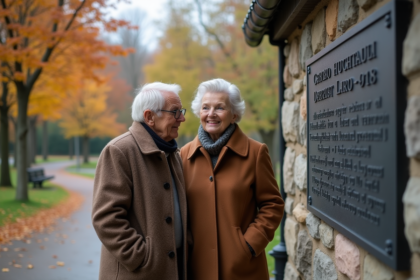 Couple âgé regardant une plaque commémorative dans un parc