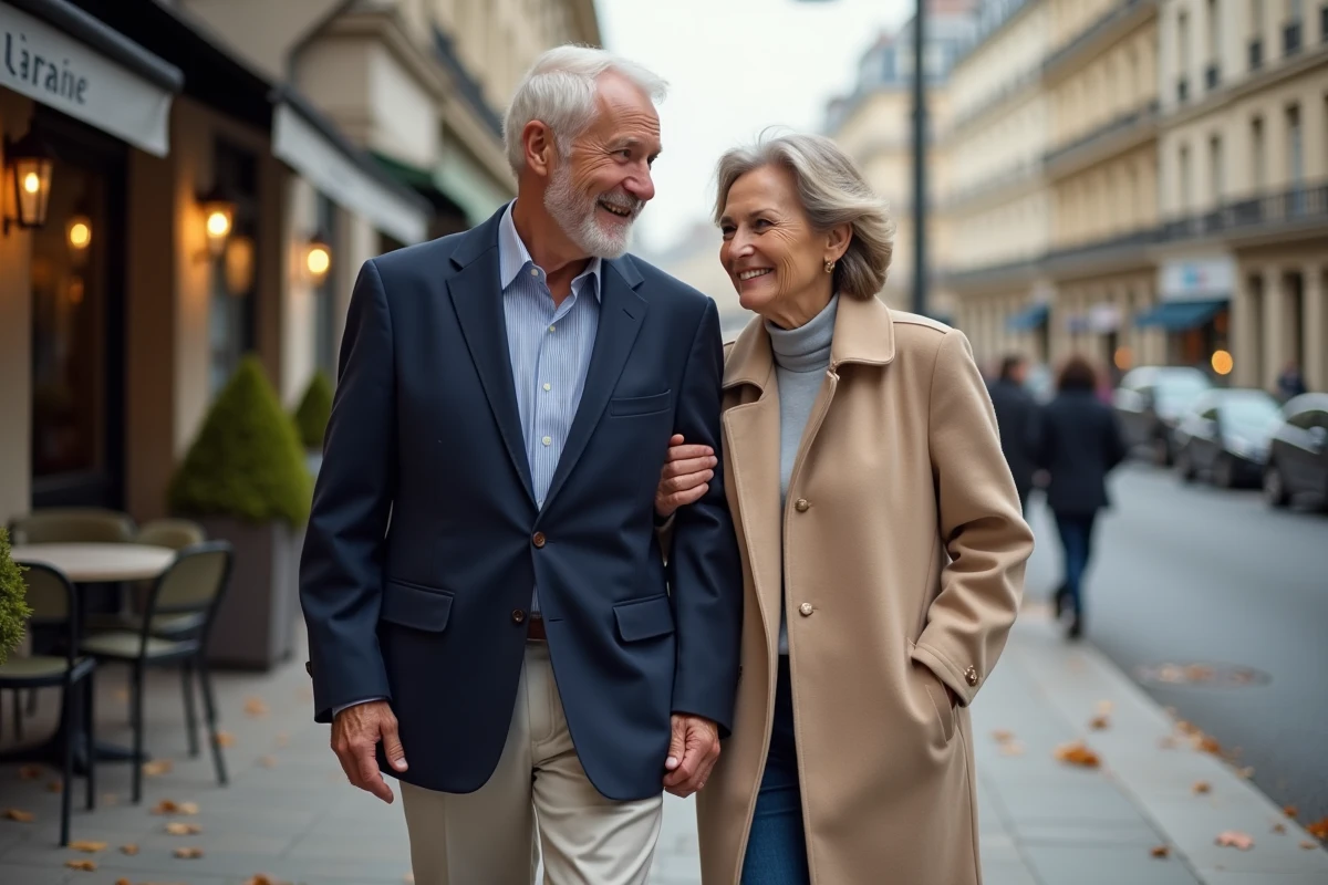 Couple élégant se promenant sur un boulevard parisien en automne, homme en blazer marine et femme en manteau beige souriants