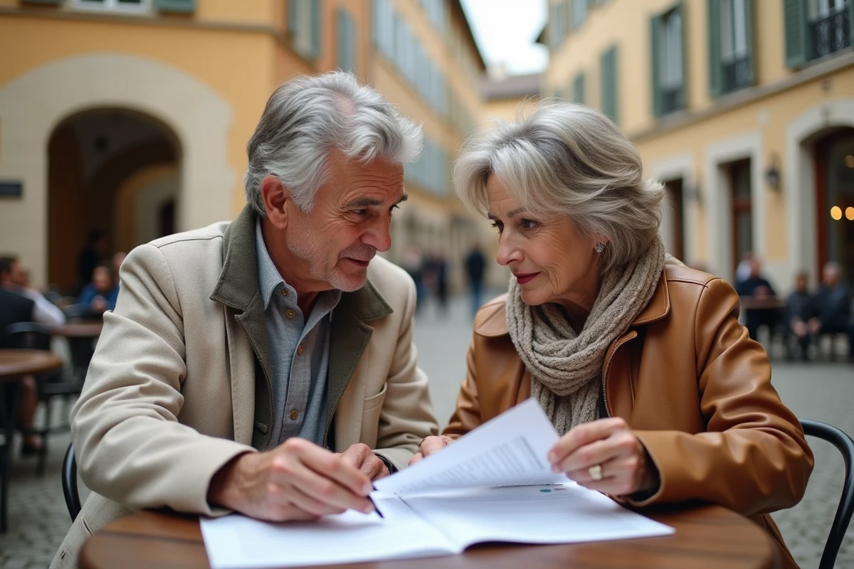 Couple de retraités consultant un document de planification retraite Agirc-Arrco à une terrasse de café dans une ville française après retour d'expatriation