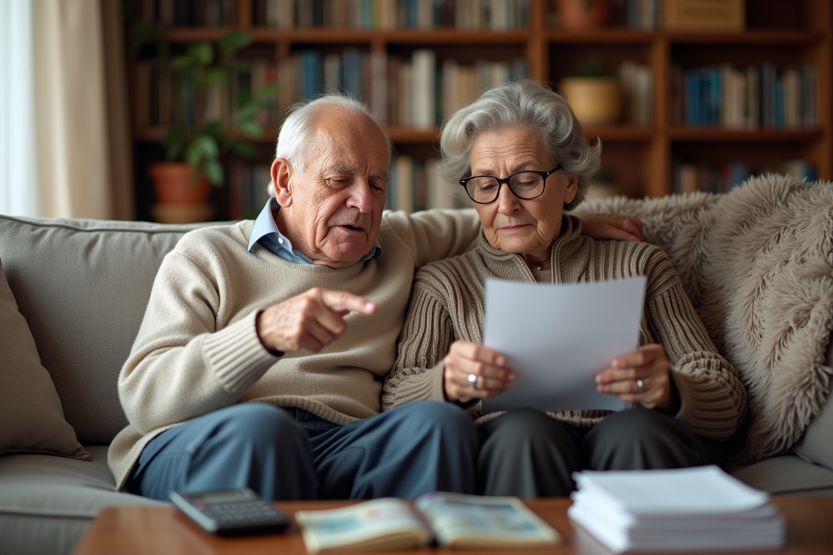 Couple de retraités lisant des documents dans leur salon