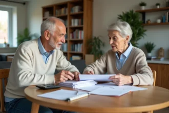 Couple retraité examinant des documents à la maison