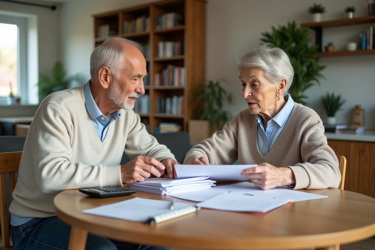 Couple retraité examinant des documents à la maison