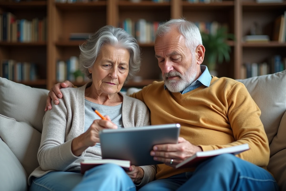 Couple de retraités consultant un simulateur de retraite sur tablette pour calculer leur pension maximale