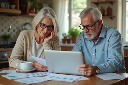 Couple de retraités consultant des documents sur la revalorisation de leur pension Agirc-Arrco à la table de leur cuisine