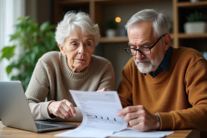 Couple de retraités consultant leurs documents de retraite Agirc-Arrco et retraite de base à domicile
