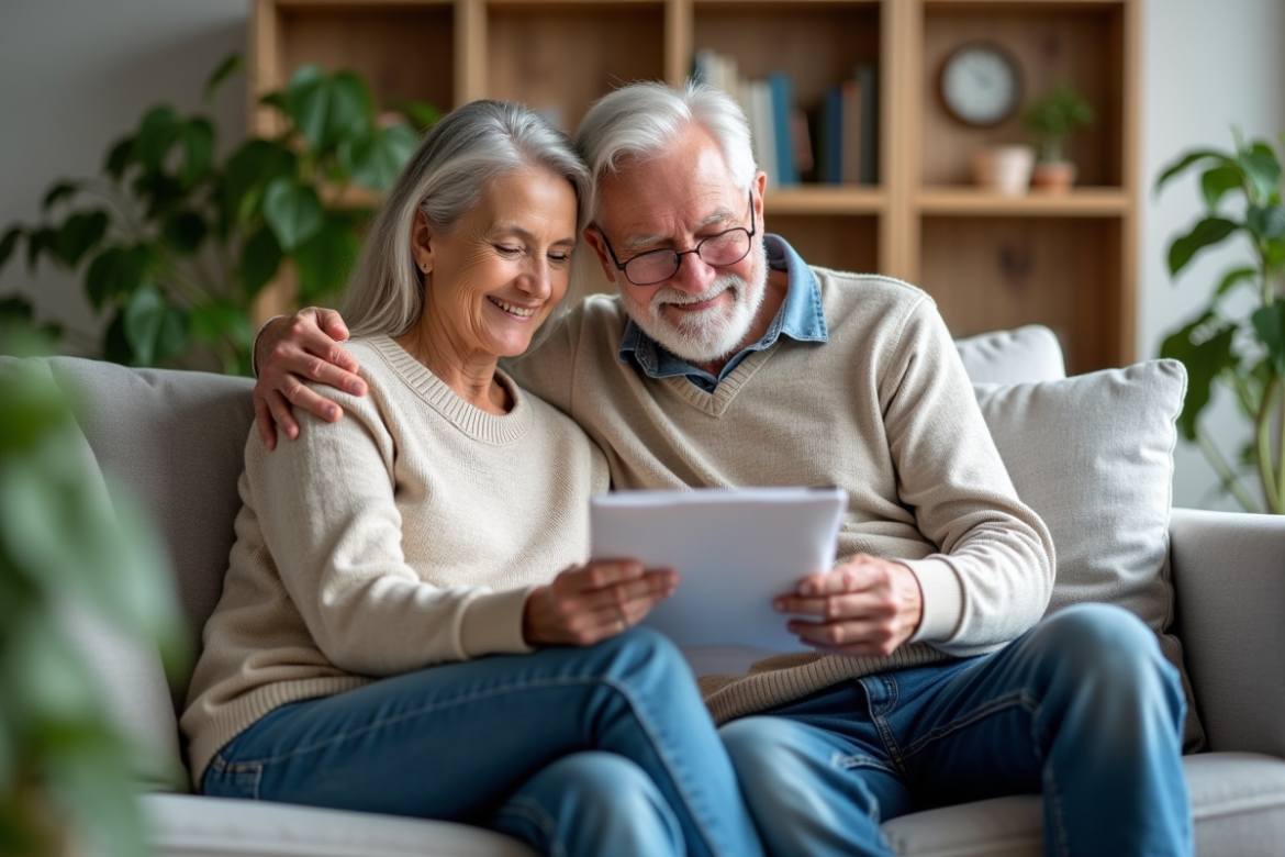 Couple senior détendu regardant des papiers dans un salon lumineux
