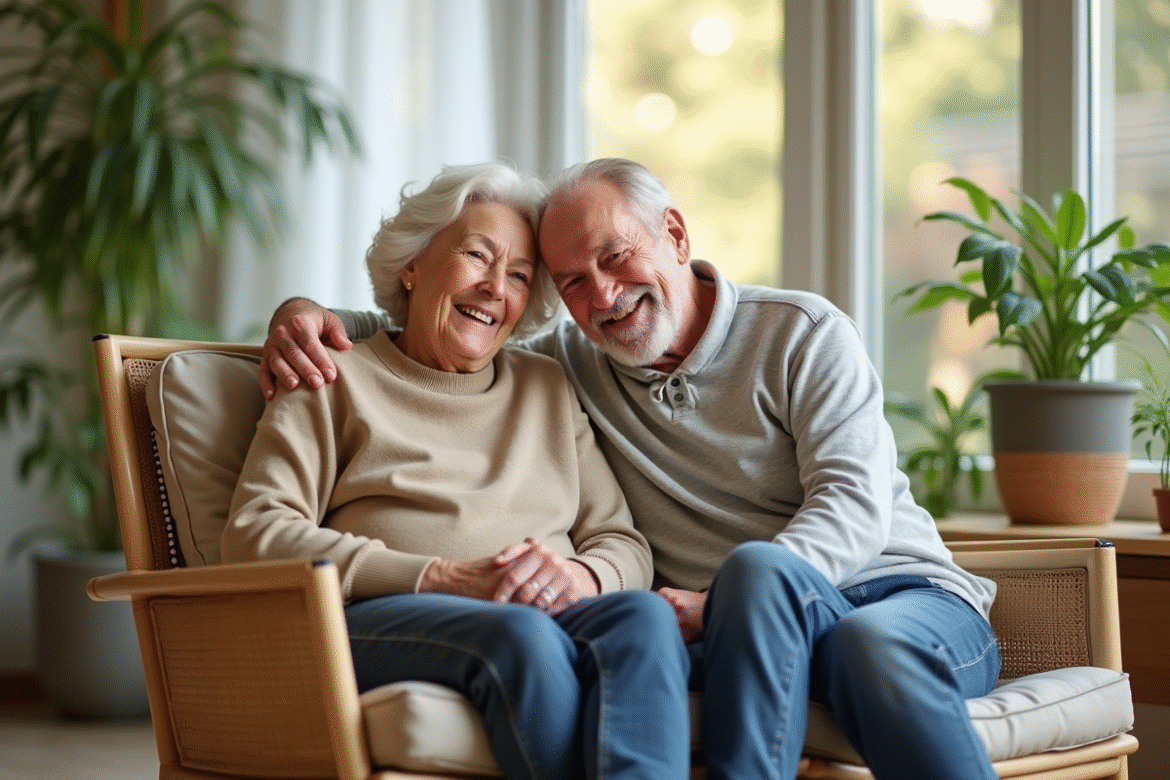 Couple senior souriant dans un salon lumineux de retraite