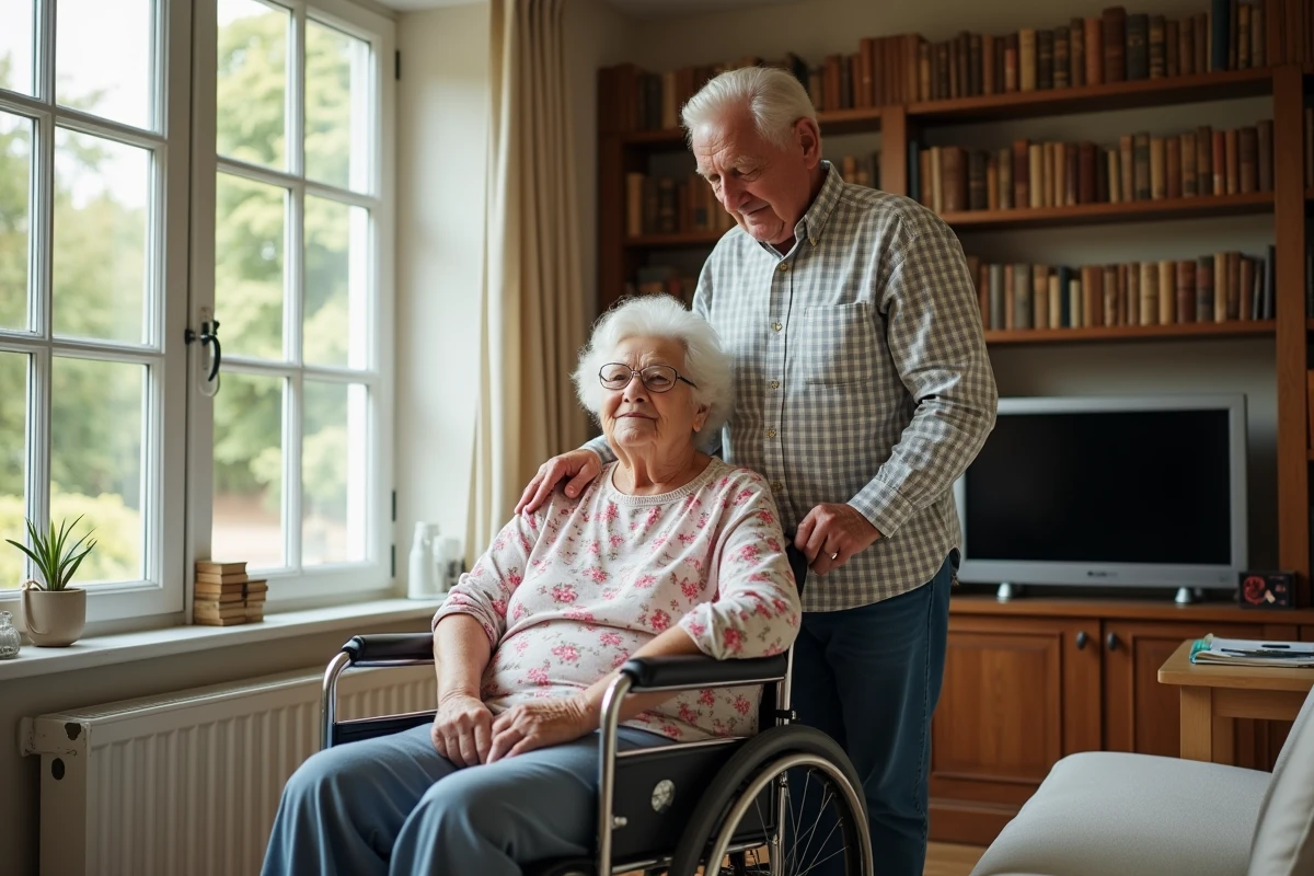 Un couple de personnes âgées dans leur salon, l'un en fauteuil roulant, symbolisant les enjeux du maintien à domicile pour les personnes classées GIR 2.