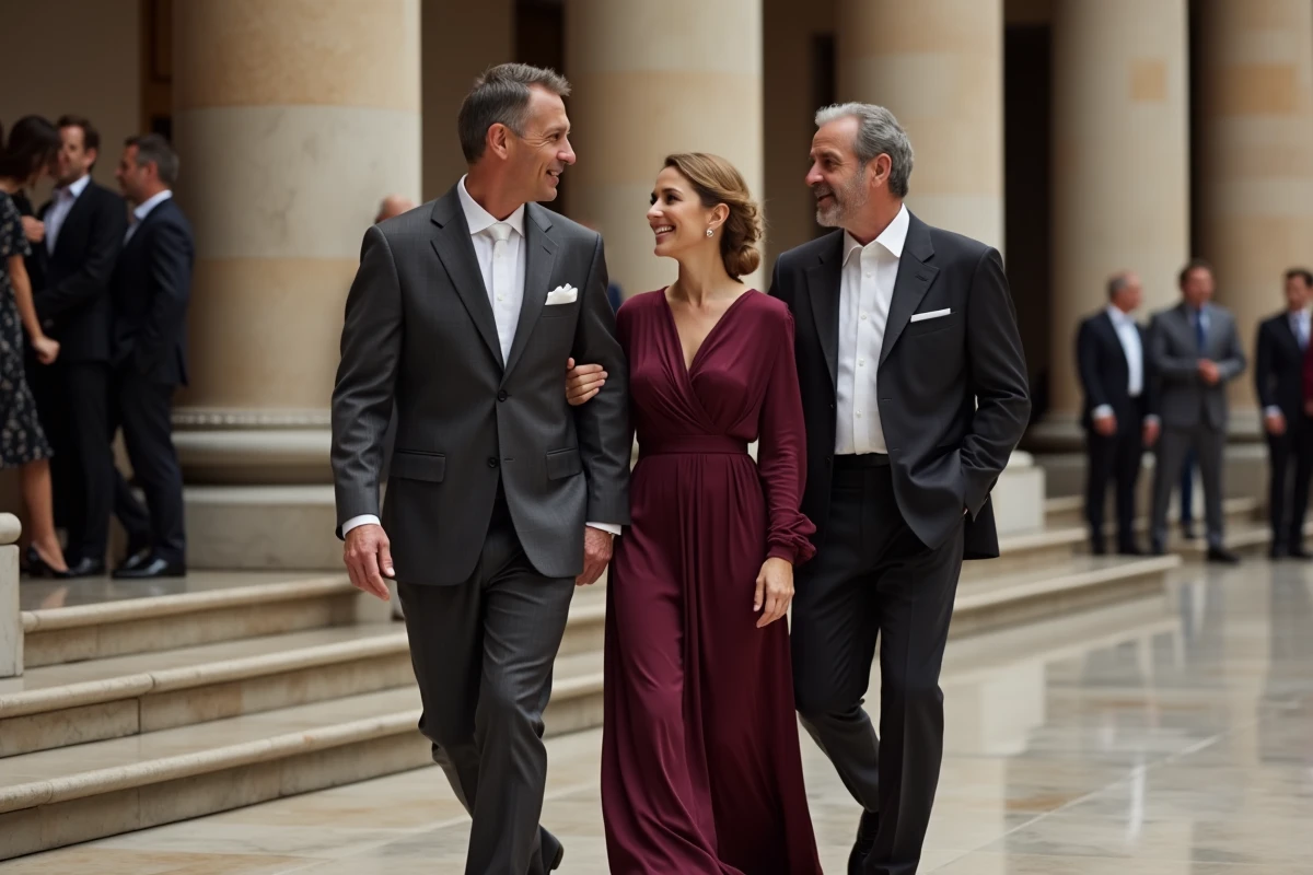 Couple sophistiqué arrivant à un événement mondain, homme en costume anthracite et femme en robe bordeaux sur des marches en marbre