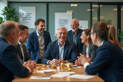 Équipe de bureau autour d'un manager lors d'un départ en retraite