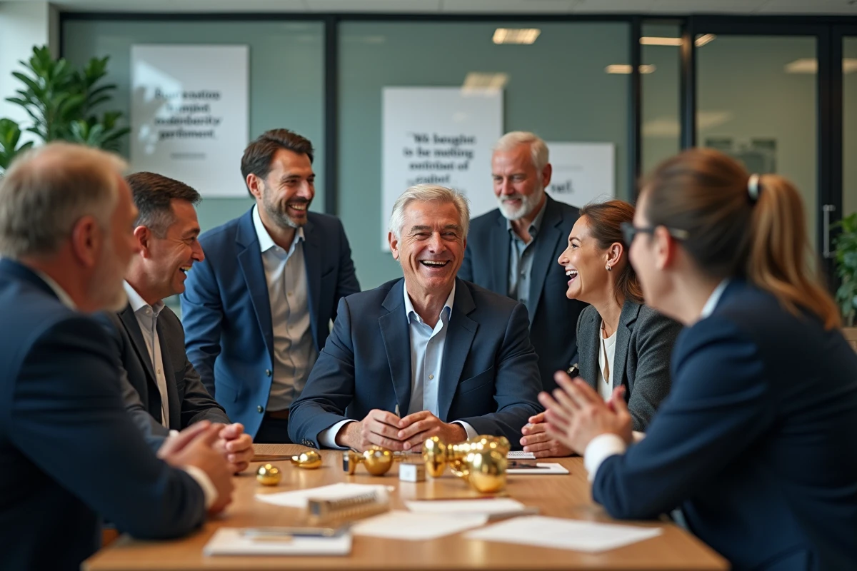 Équipe de bureau autour d'un manager lors d'un départ en retraite