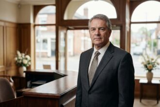 Directeur de pompes funèbres en costume sombre devant l'entrée d'une entreprise funéraire professionnelle