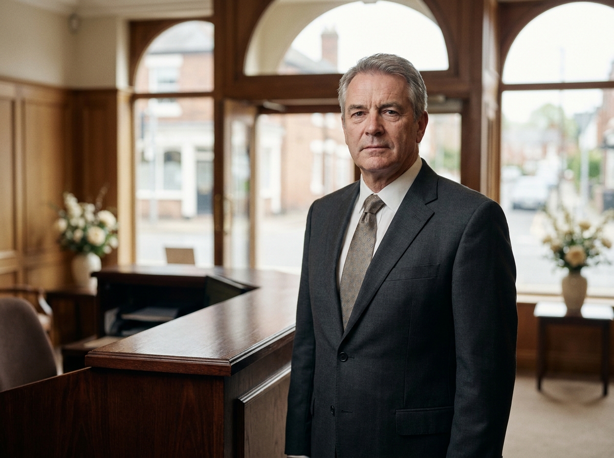 Directeur de pompes funèbres en costume sombre devant l'entrée d'une entreprise funéraire professionnelle