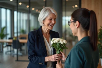 Collègue femme recevant des fleurs lors de son pot de départ à la retraite au bureau