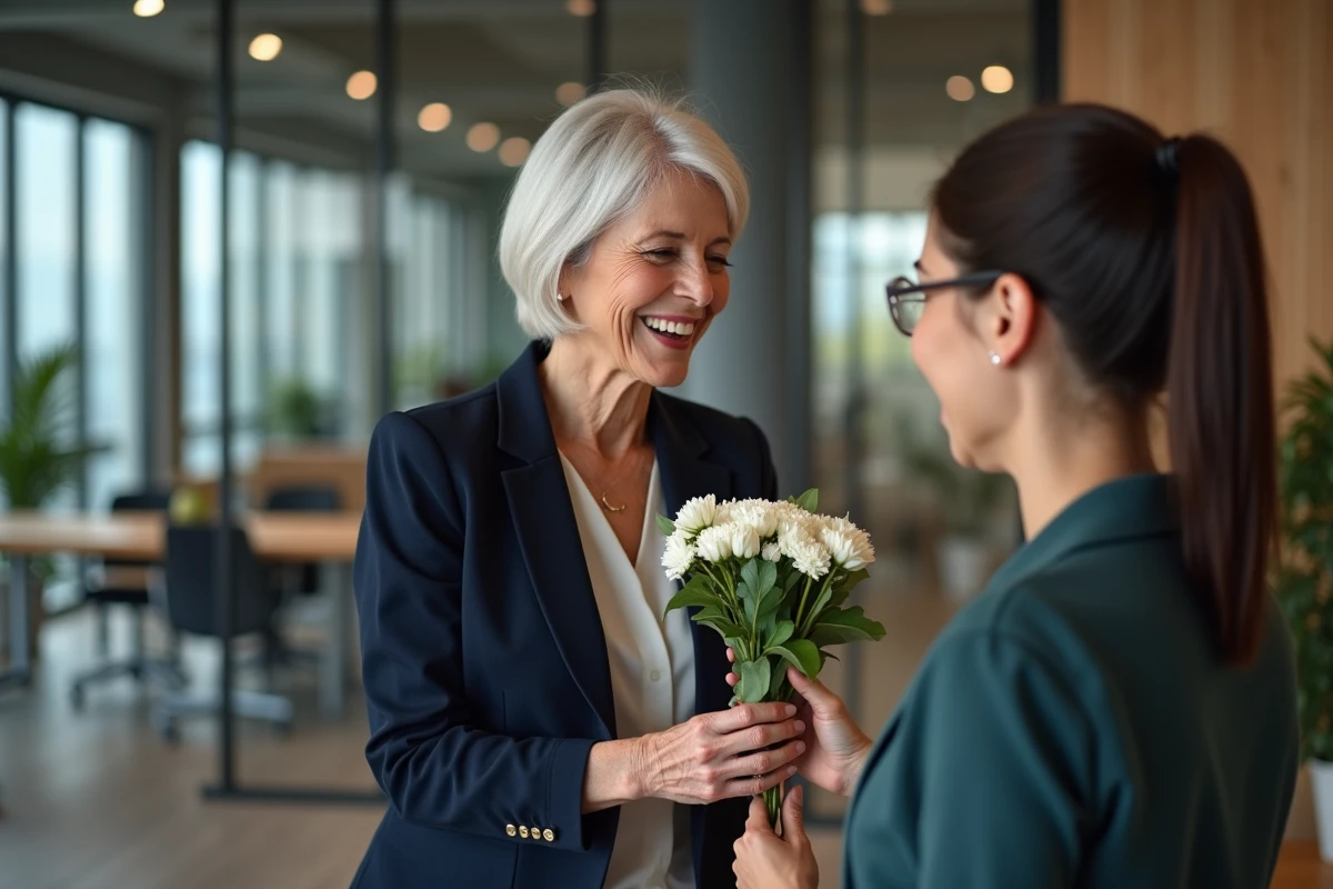 Collègue femme recevant des fleurs lors de son pot de départ à la retraite au bureau