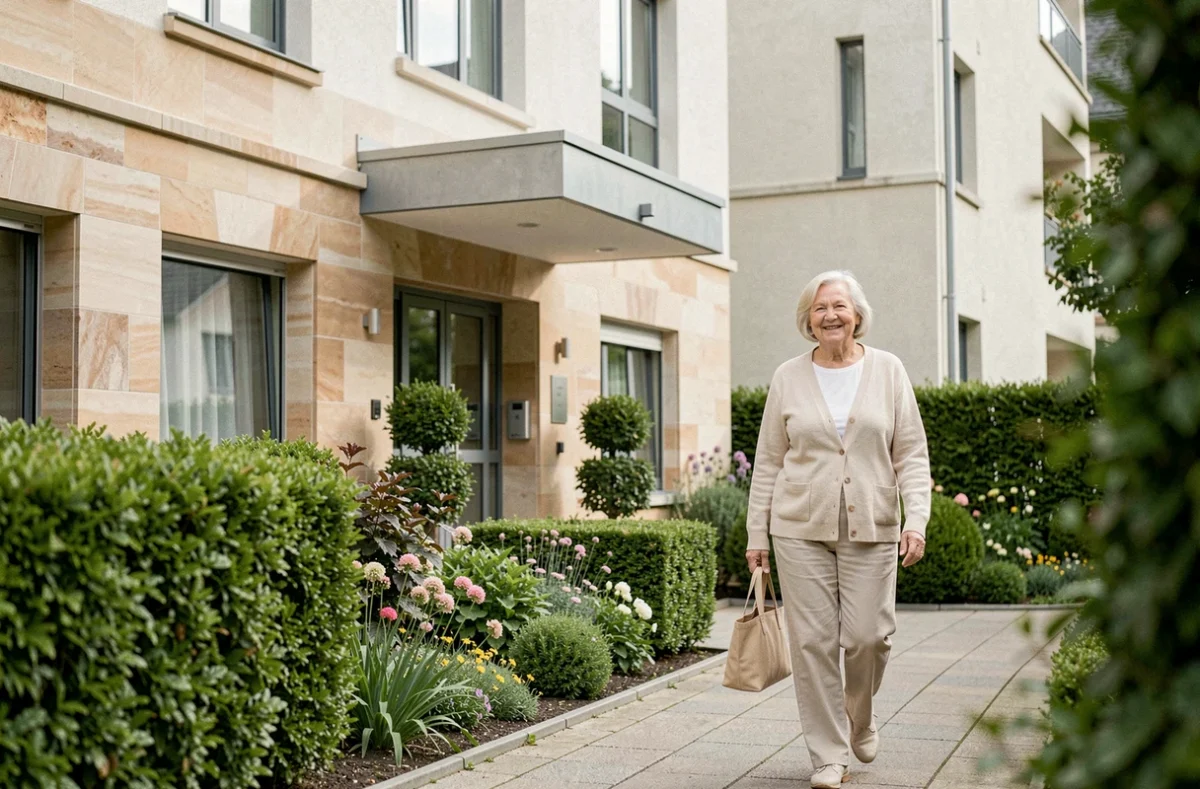 Façade de la résidence Domitys Les Étoiles d'Argent à Oberhausbergen avec une résidente se promenant dans le jardin