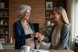 Femme senior donnant des clés à sa fille dans un salon chaleureux