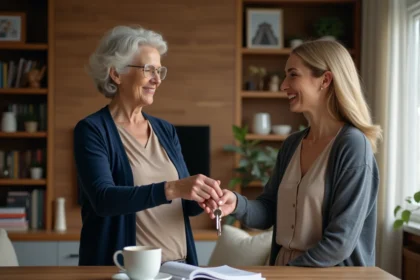 Femme senior donnant des clés à sa fille dans un salon chaleureux