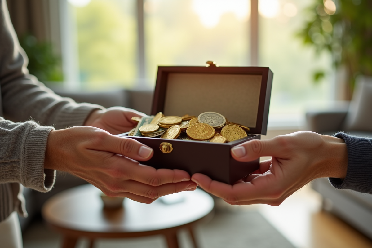 Echange de coffre vintage avec argent et or entre deux mains