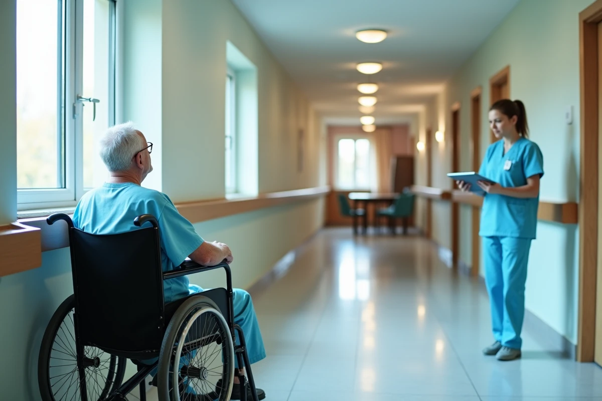 Couloir d'un EHPAD avec résident en fauteuil roulant et soignant, illustrant le placement en établissement spécialisé