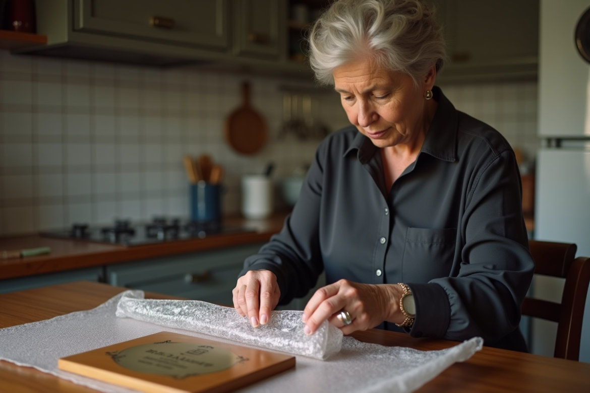 Femme emballant une plaque commémorative dans la cuisine