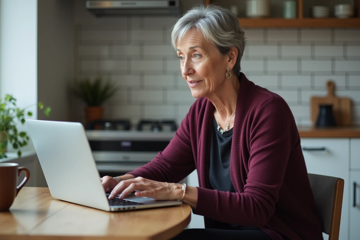 Enseignante agrégée proche de la retraite utilisant un simulateur de pension sur ordinateur à domicile
