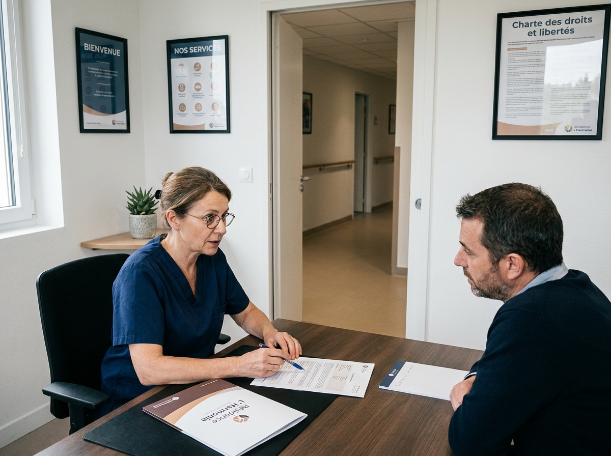 Une coordinatrice d'accueil d'un EHPAD LNA Santé explique les démarches d'entrée en résidence à un membre de la famille lors d'un entretien d'accompagnement.