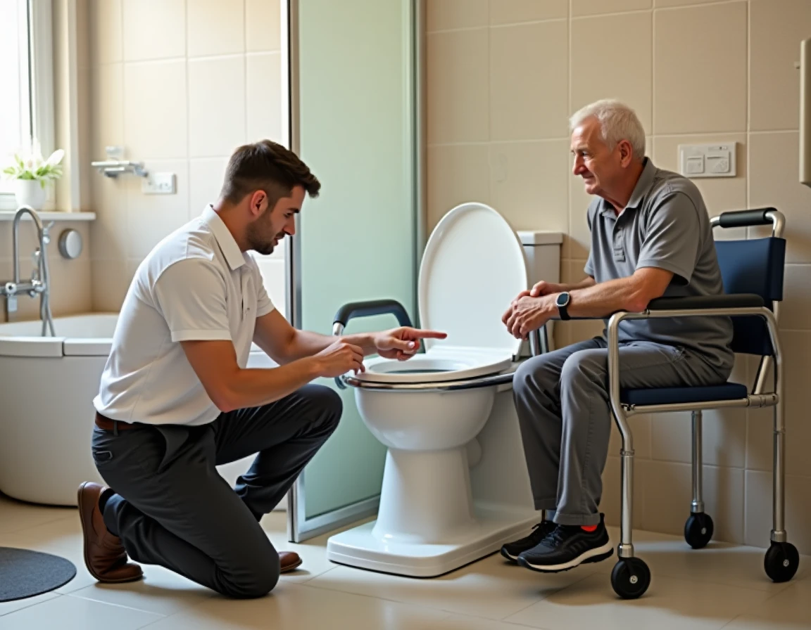 Ergothérapeute expliquant le réglage en hauteur d'un WC rehaussé à une personne âgée dans une salle de bain adaptée