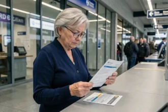 Une femme senior perplexe examine sa carte de réduction ferroviaire au guichet d'une gare, illustrant les erreurs courantes lors de l'utilisation de la carte sénior gratuite pour voyager.
