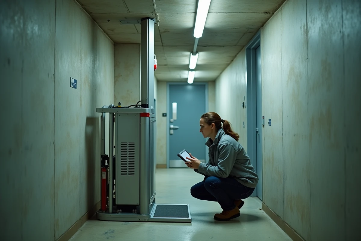 Technicienne évaluant un ascenseur portable autonome dans un espace restreint d'immeuble résidentiel