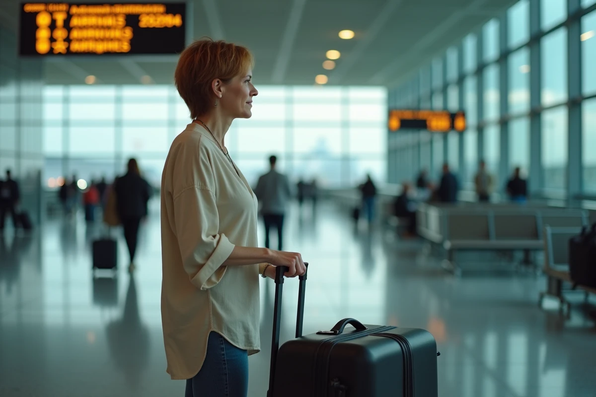 Femme de 55 ans dans un terminal d'aéroport international représentant l'expatriation et le retour en France pour les droits à la retraite