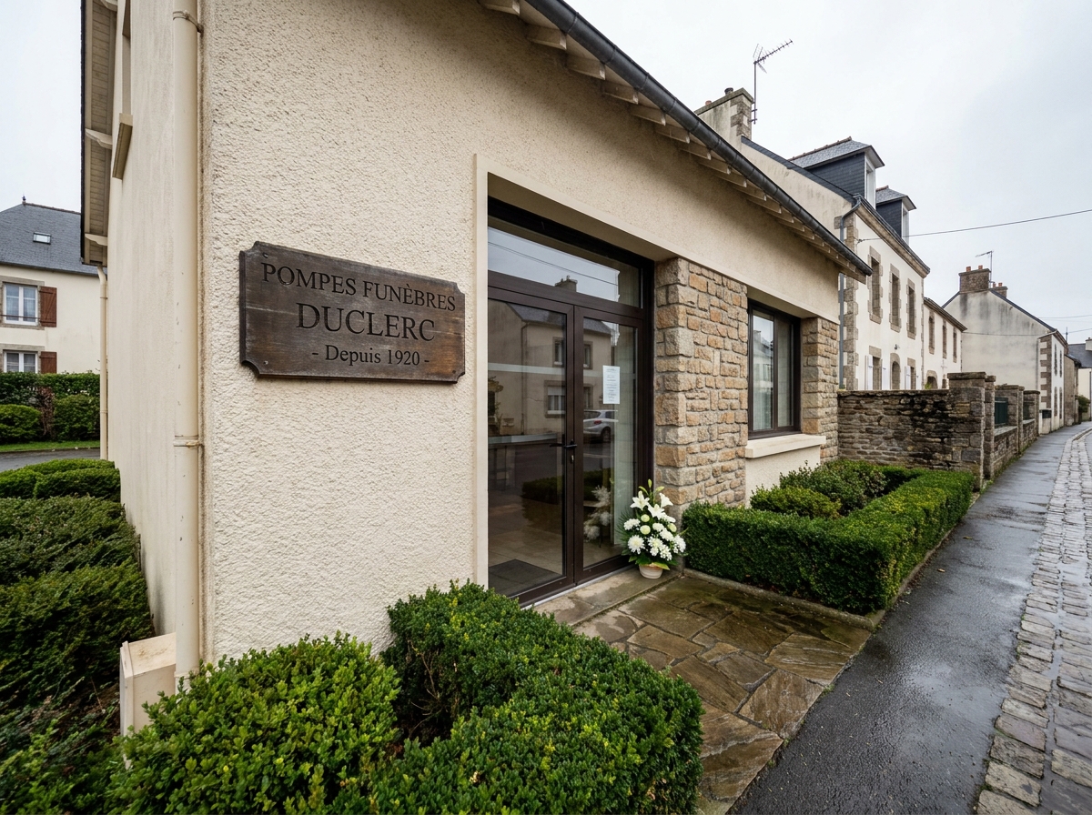 Façade extérieure d'une entreprise de pompes funèbres locale dans une rue calme de ville française