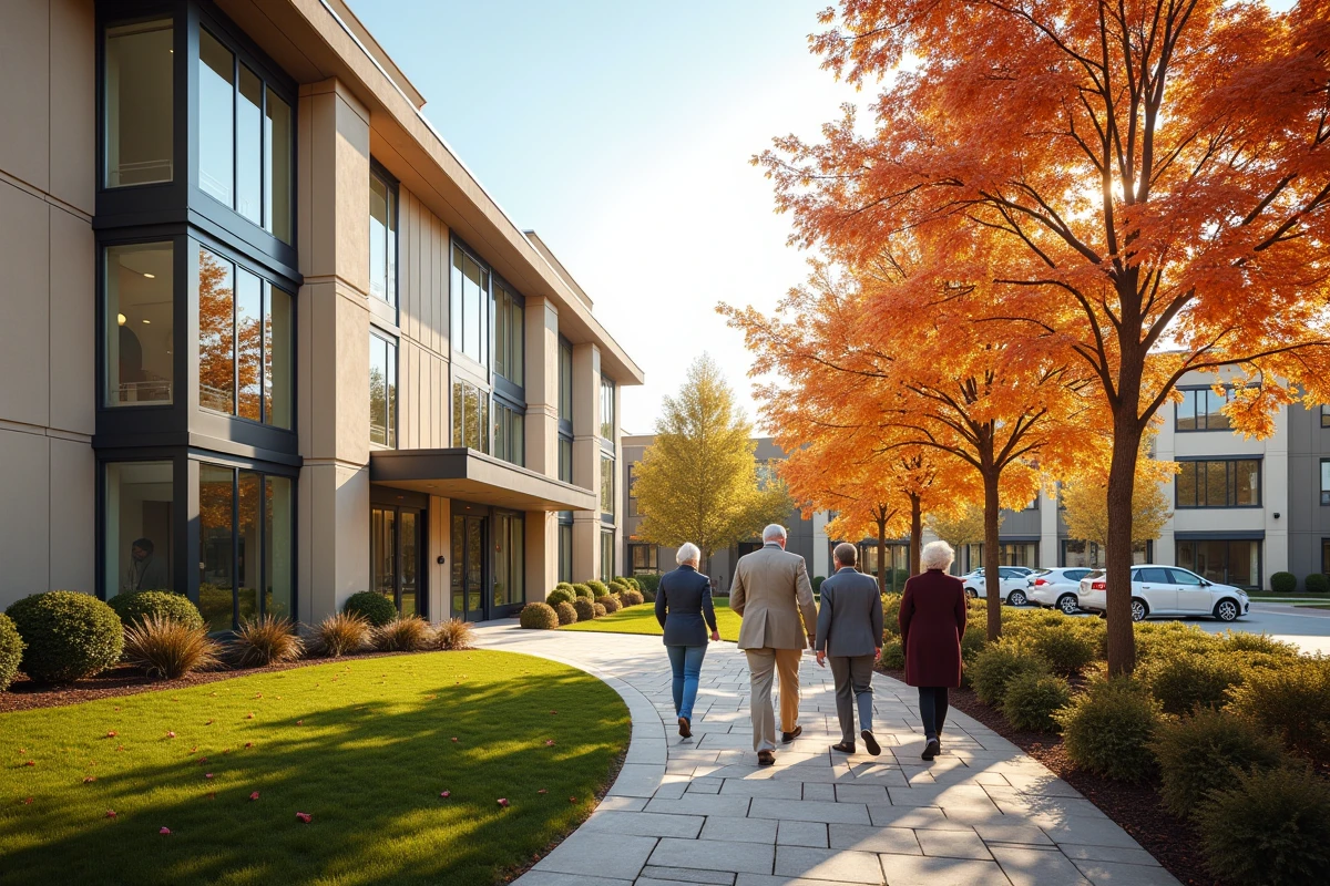 Façade d'une résidence senior moderne avec jardin paysager et résidents se promenant en automne