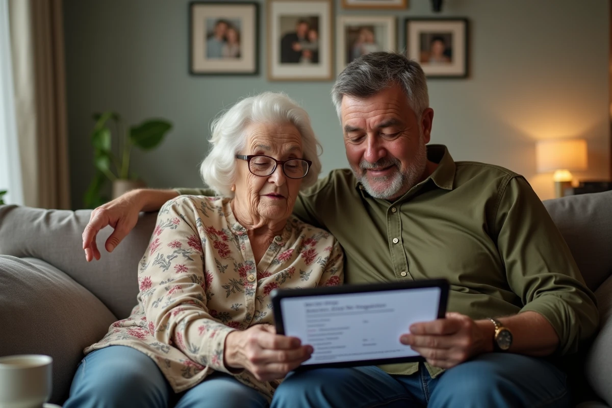Un fils et sa mère comparent les tarifs de services d'aide aux seniors sur une tablette numérique