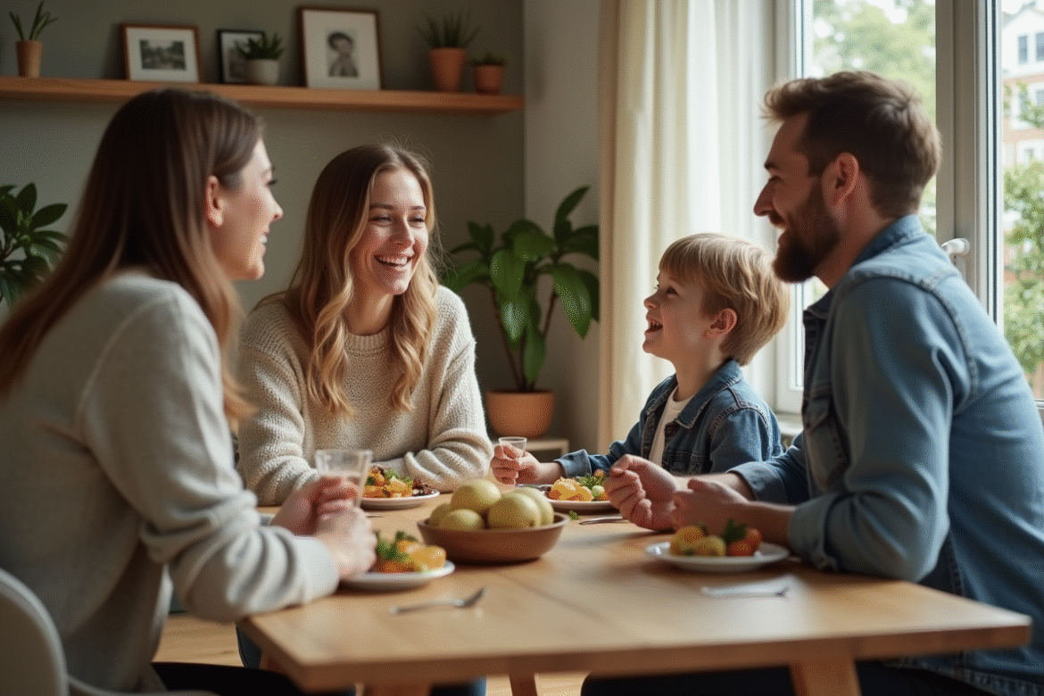 Famille multigenerations souriante autour d'un repas convivial