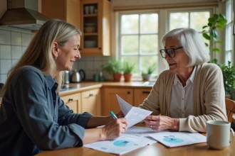 Famille aidante discutant des options de maison de retraite autour d'une table avec des brochures