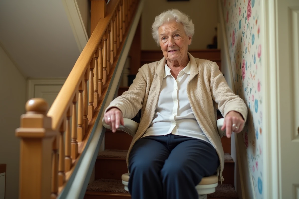 Femme âgée assise sur un fauteuil élévateur monté sur un escalier courbe en bois dans une maison traditionnelle française