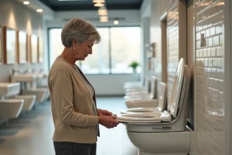 Femme âgée examinant attentivement un WC surélevé dans un showroom de salle de bain pour personnes âgées
