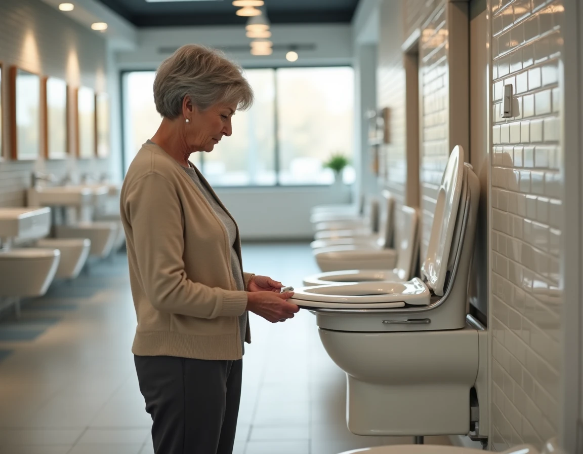Femme âgée examinant attentivement un WC surélevé dans un showroom de salle de bain pour personnes âgées