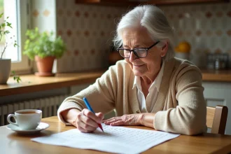 Femme âgée concentrée sur une grille de mots mêlés imprimée à la table de cuisine avec une tasse de thé
