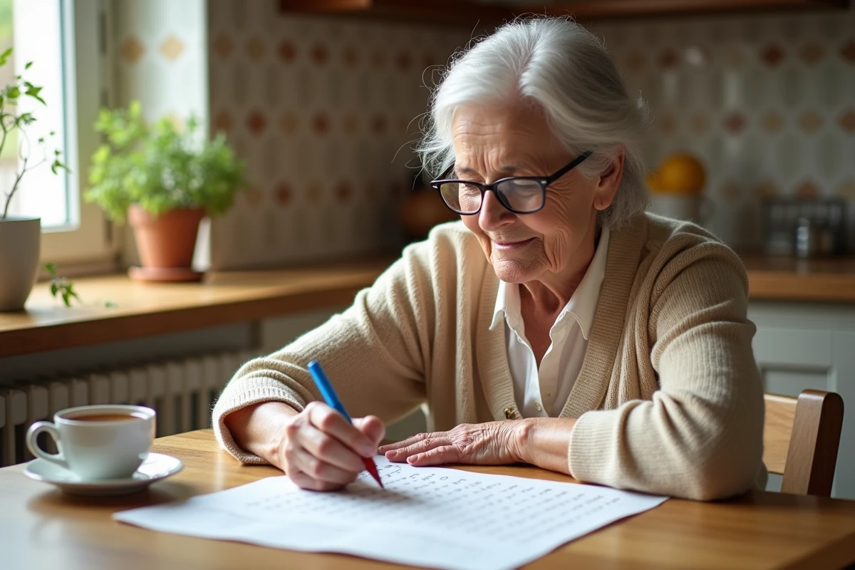 Femme âgée concentrée sur une grille de mots mêlés imprimée à la table de cuisine avec une tasse de thé