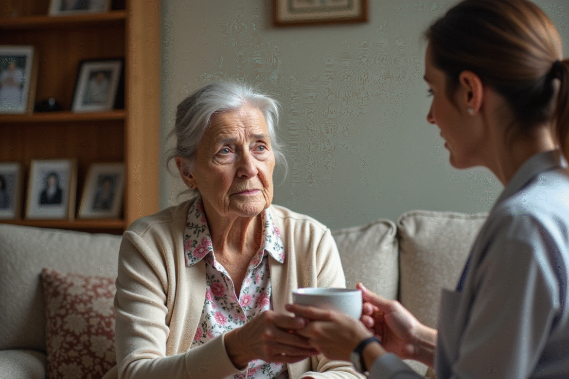 Femme âgée refusant poliment de l'aide d'une aidante