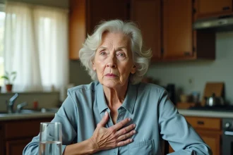 Femme âgée assise à la cuisine portant la main à la poitrine, illustrant les symptômes du manque de potassium comme les palpitations et le malaise
