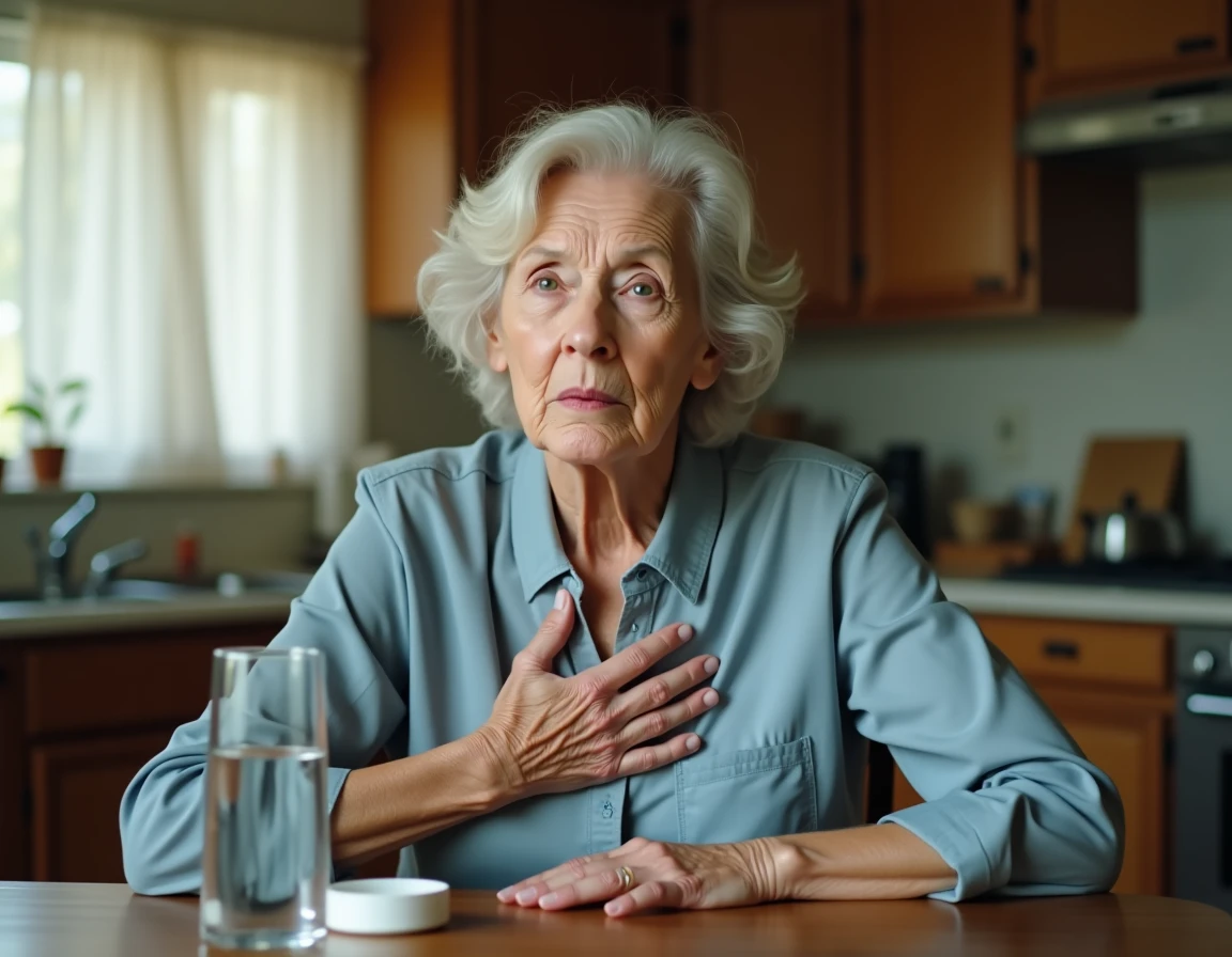 Femme âgée assise à la cuisine portant la main à la poitrine, illustrant les symptômes du manque de potassium comme les palpitations et le malaise