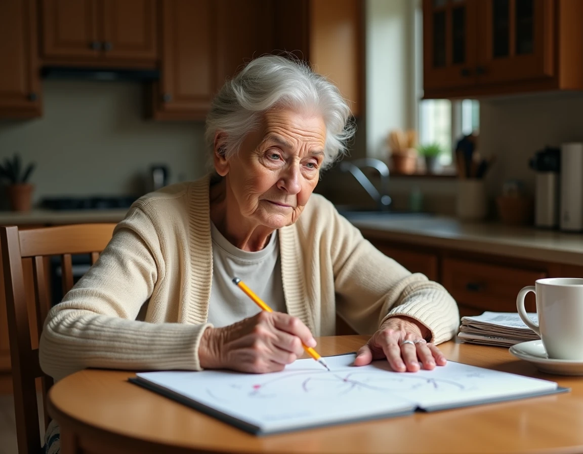 Femme âgée réalisant seule le test de l'horloge au crayon sur un bloc-notes à la table de sa cuisine