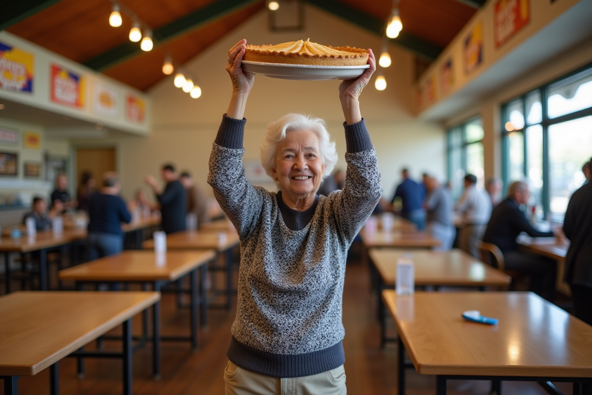 Femme âgée fière tenant une tarte maison lors du concours