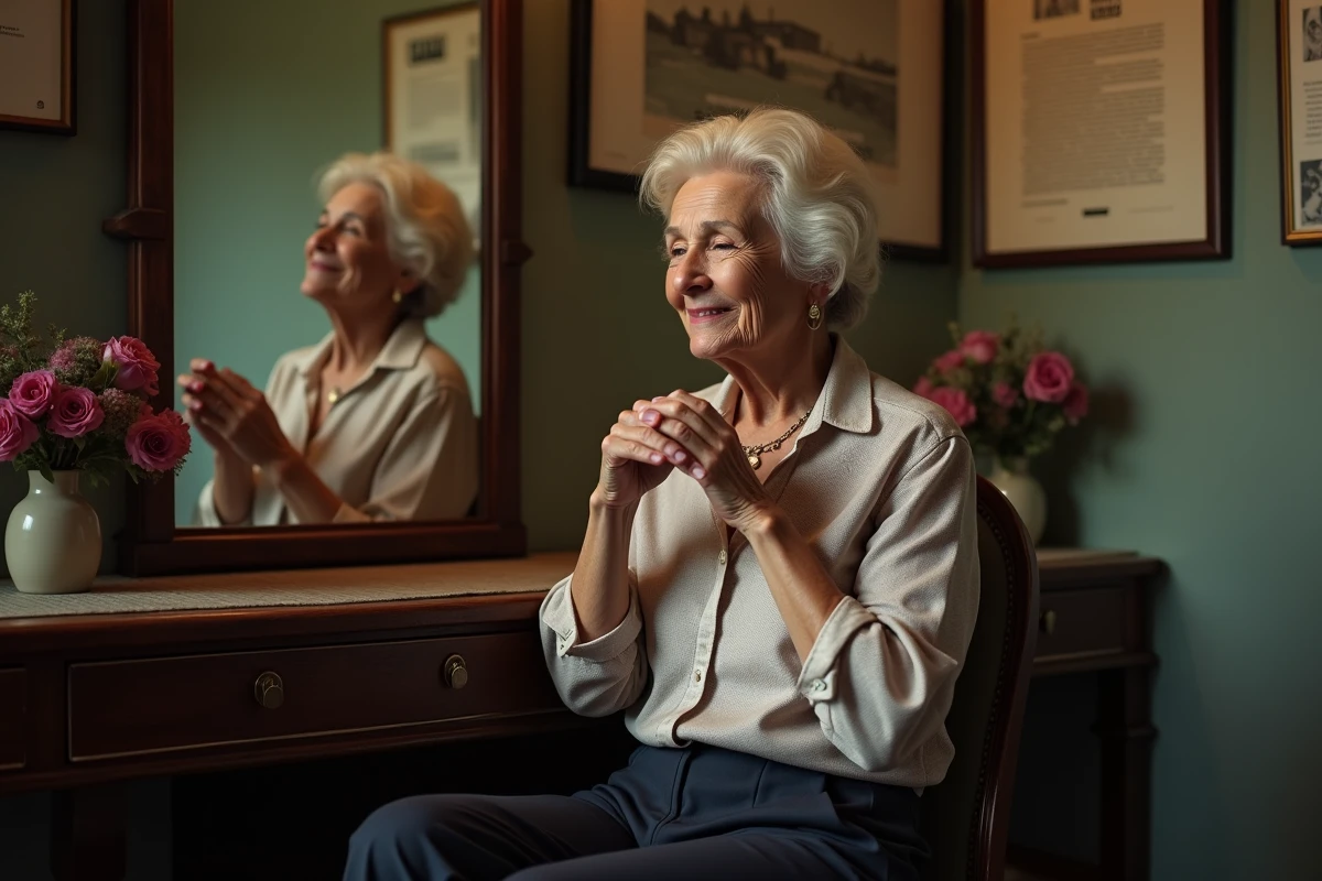 Femme âgée en backstage ajustant son collier dans un miroir
