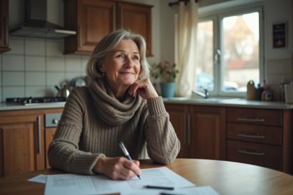 Femme belge réfléchissant à la cuisine avec papiers et stylo