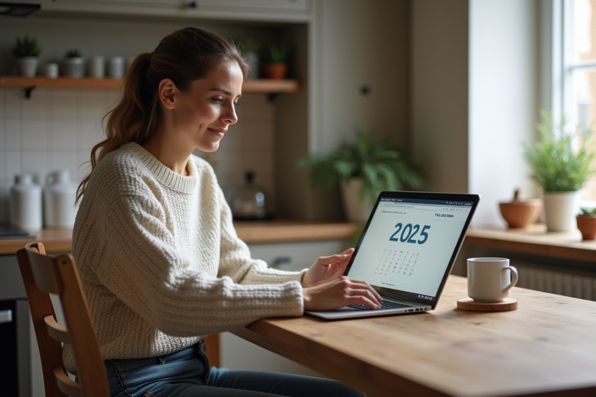 Femme assise à une table de cuisine avec ordinateur et calendrier 2025